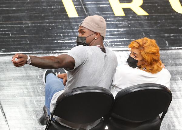 Falcons wide receiver Julio Jones was courtside to watch the Atlanta Hawks play the Washington Wizards.    “Curtis Compton / Curtis.Compton@ajc.com”