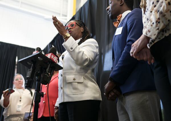 The DeKalb County School Board Chair Vickie B. Turner announces Dr. Vasanne Tinsley as interim superintendent following the DeKalb State of the County Address on Wednesday, April 27, 2022. (Natrice Miller / natrice.miller@ajc.com)