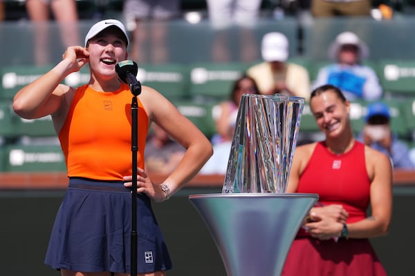 Mirra Andreeva, of Russia, smiles after winning the BNP Paribas Open tennis tournament Sunday, March 16, 2025, in Indian Wells, Calif. (AP Photo/Mark J. Terrill)