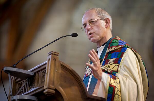 FILE - In this Sunday, Oct. 20, 2013 file photo, the Archbishop of Canterbury Justin Welby conducts a service at the All Saints Cathedral in Nairobi, Kenya.(AP Photo/Ben Curtis, File)