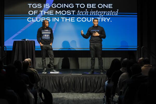 The Gathering Spot co-founders Ryan Wilson (right) and TK Petersen speak to members during a Town Hall meeting where they announce future plans and the recent separation from their parent company, Greenwood, on Monday, Dec. 18, 2023.
Miguel Martinez /miguel.martinezjimenez@ajc.com