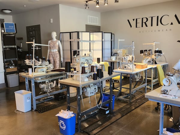 Duluth-based apparel manufacturing studio for Vertical Activewear. Tia Robinson, founder of Vertical Activewear, makes clothes for own brand as well as other brands from the facility. Courtesy of Vertical Activewear