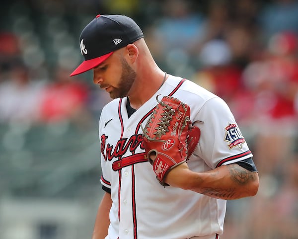 Braves starting pitcher Bryse Wilson reacts after giving up four runs to the San Diego Padres during the first inning in the second game of a doubleheader on Wednesday, July 21, 2021, in Atlanta.   “Curtis Compton / Curtis.Compton@ajc.com”