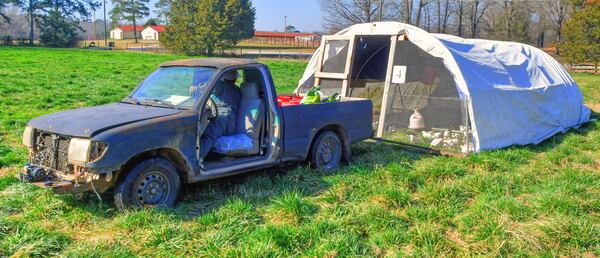 Shaun Terry (behind the wheel of the truck), owner of Grateful Pastures in Mansfield, pulls one of the mobile grazing enclosures forward and to a new grazing area. The chickens are inside during the move, but a helper (inside the enclosure) sweeps the birds forward for safety as Terry pulls the enclosure forward (which is usually no more than 20 or 30 feet). Terry used to pull these enclosures around by hand. Chris Hunt for The Atlanta Journal-Constitution