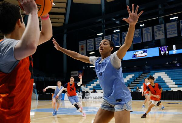 Columbia forward Perri Page defends during practice in Chapel Hill, N.C., Wednesday, March 19, 2025, before their First Four basketball game in the NCAA Tournament against Washington on March 20. (AP Photo/Nell Redmond)