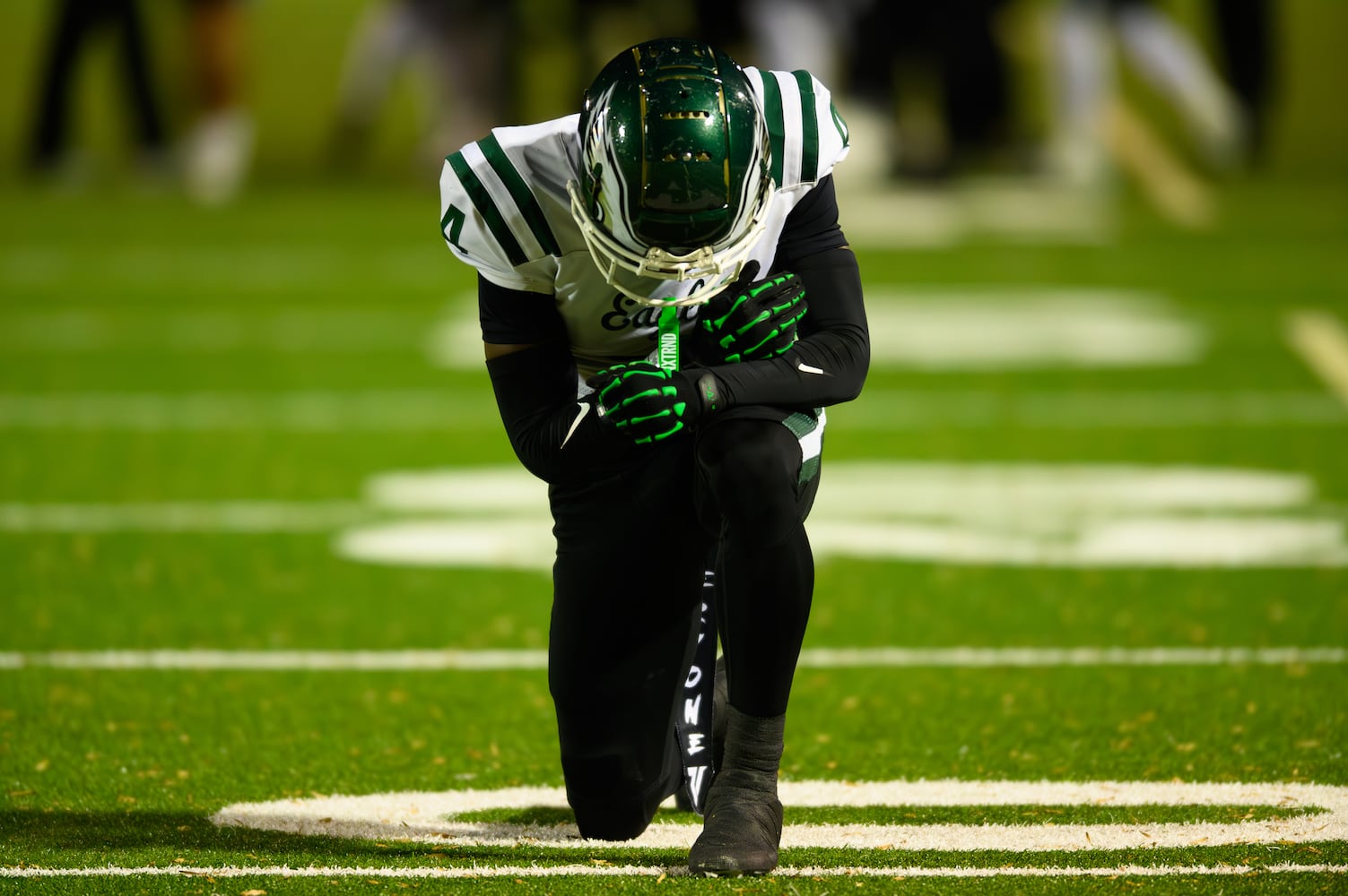 Wide receiver for Collins Hill Alijah Patillo prepares for the Grayson vs Collins Hill GHSA quarterfinal playoff football game in Loganville, GA on November 29, 2024. (Jamie Spaar for the Atlanta Journal Constitution)