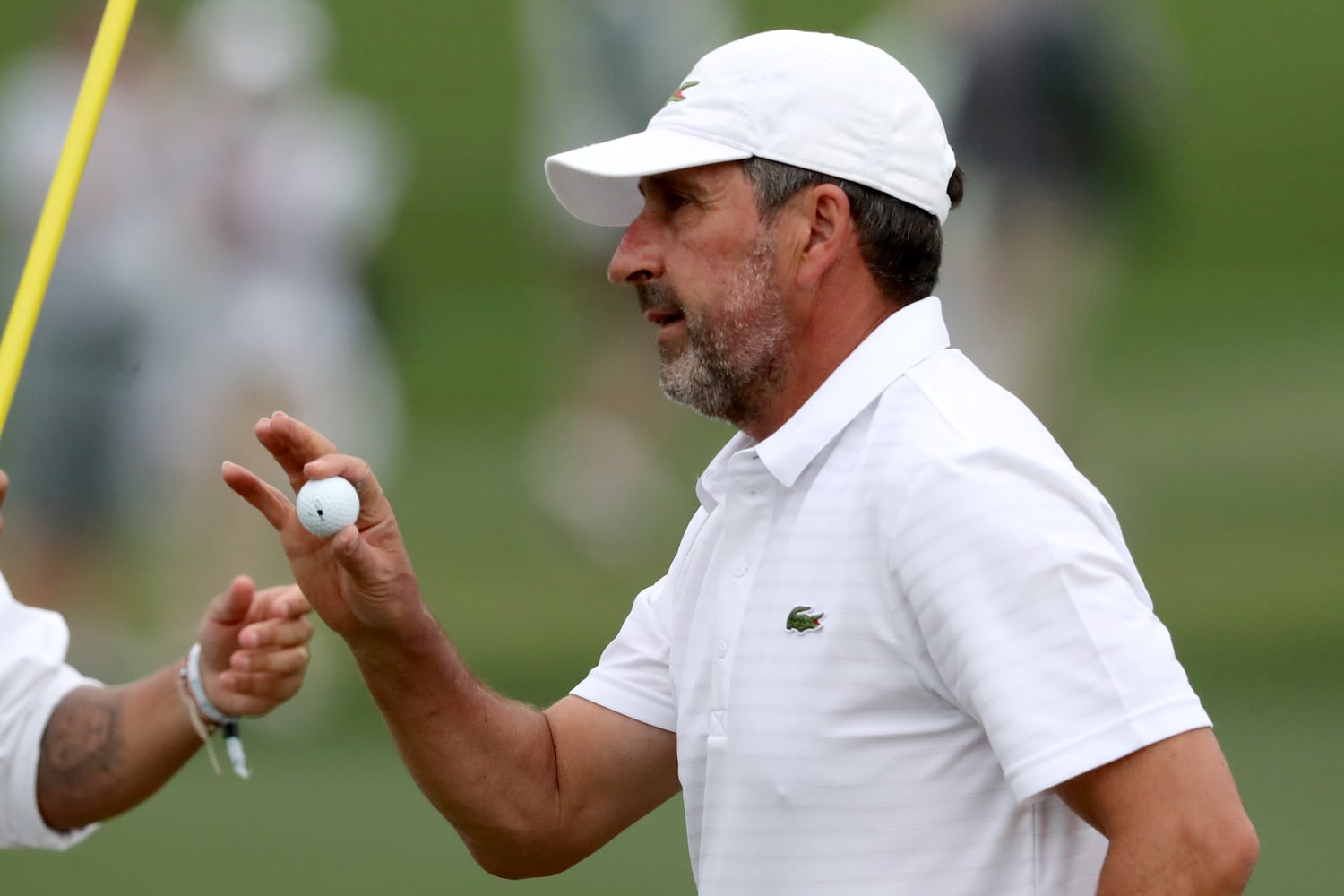 April 10, 2021, Augusta: Jose Maria Olazabal reacts to making a birdie putt on the second hole during the third round of the Masters at Augusta National Golf Club on Saturday, April 10, 2021, in Augusta. Curtis Compton/ccompton@ajc.com