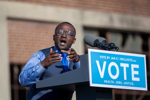 Daniel Blackman, a Democrat in a runoff to serve on the Georgia Public Service Commission, speaks during a “Get Ready to Vote” rally highlighting Georgia Democrat U.S. Senator candidates Rev. Raphael Warnock and Jon Ossoff at Pratt-Pullman Yard in Atlanta’s Kirkwood neighborhood.  (Alyssa Pointer / Alyssa.Pointer@ajc.com)