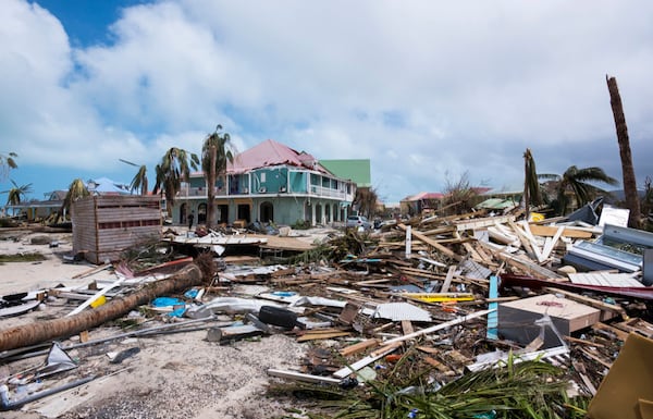 A photo taken on September 7, 2017 shows the damage in Orient Bay on the French Caribbean island of St. Martin, after Hurricane Irma barreled through. France, the Netherlands and Britain rushed to provide water, emergency rations and rescue teams to territories hit by Irma, with aid efforts complicated by damage to local airports and harbors. 