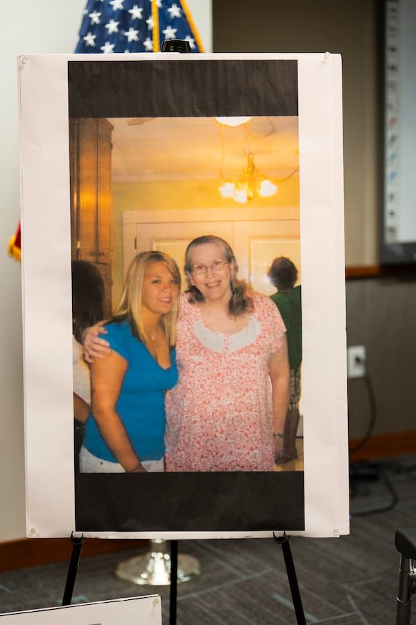 A photo is displayed of Maryanne Humphrey and her granddaughter, Kailyn Kaiser, on her 16th birthday, about one month before Humphrey was killed. 