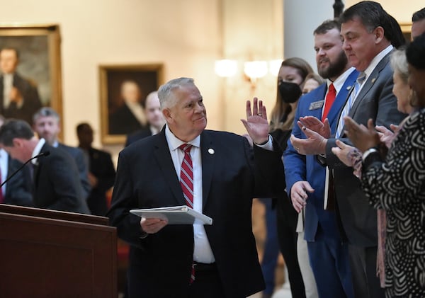 House Speaker David Ralston greets as he walks to the podium to speak during a press conference Tuesday to announce plans to spend millions of dollars on expanding internet throughout Georgia, especially in rural areas that lack access. (Hyosub Shin / Hyosub.Shin@ajc.com)