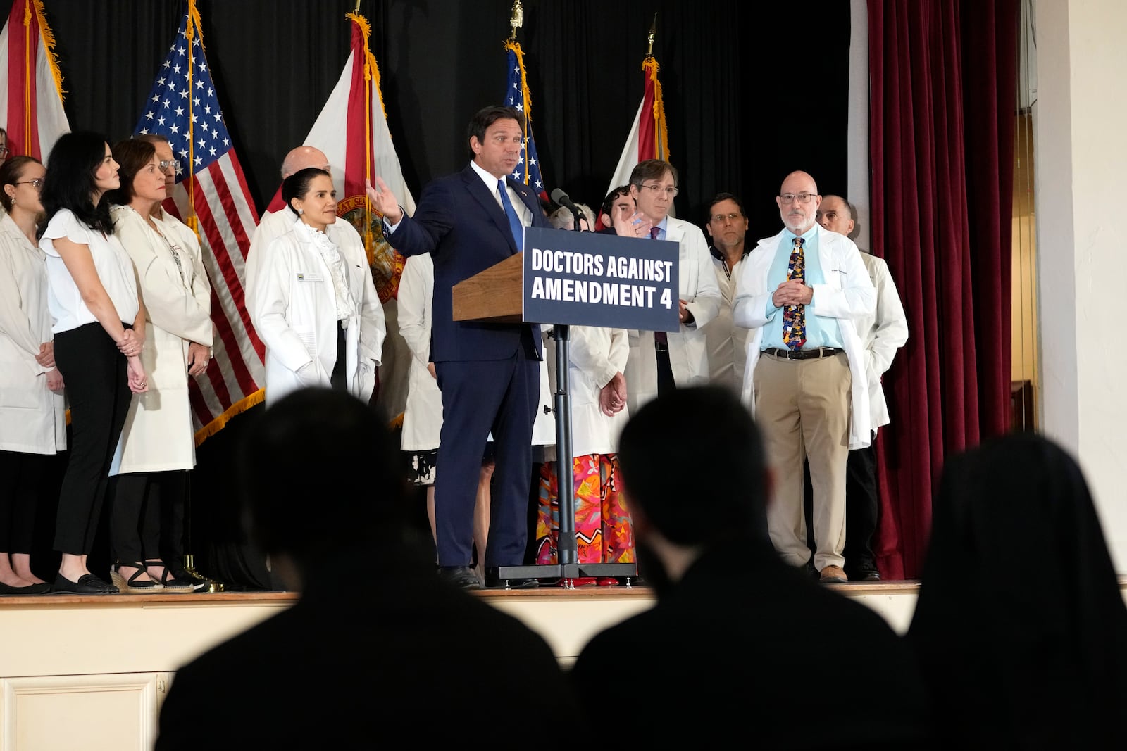 Florida Gov. Ron DeSantis speaks out against Amendment 4 which would protect access to abortion during a news conference with Florida Physicians Against Amendment 4 Monday, Oct. 21, 2024, in Coral Gables, Fla. (AP Photo/Lynne Sladky)