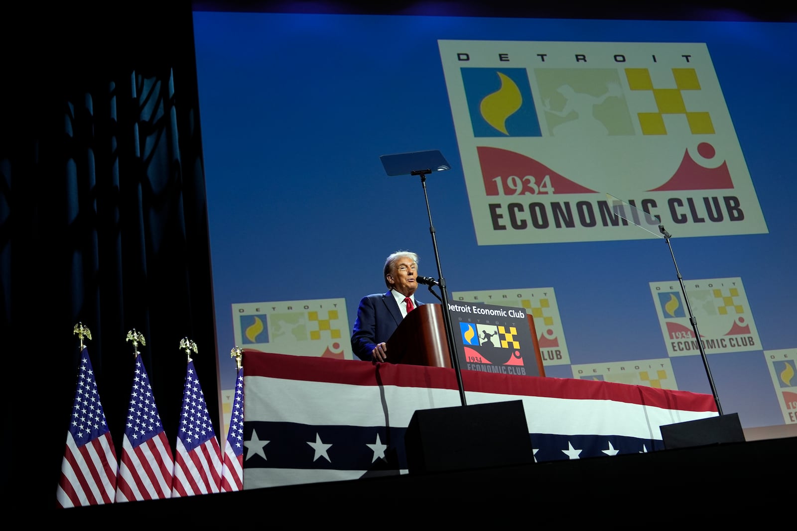 Republican presidential nominee former President Donald Trump speaks at a meeting of the Detroit Economic Club, Thursday, Oct. 10, 2024, in Detroit. (AP Photo/Julia Demaree Nikhinson)