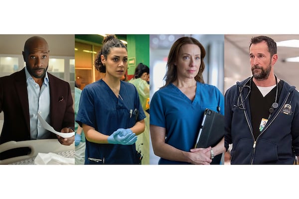 This combination of images shows Morris Chestnut as Dr John Watson in a scene from "Watson," from left, Haley Louise Jones as Dr Suzanna Parker in a scene from "Berlin ER," Molly Parker as Dr Amy Larsen in a scene from "Doc," and Noah Wyle as Michael “Dr Robby” Robinavitch in a scene from "The Pitt." (CBS/Apple TV+/Fox/Max via AP)