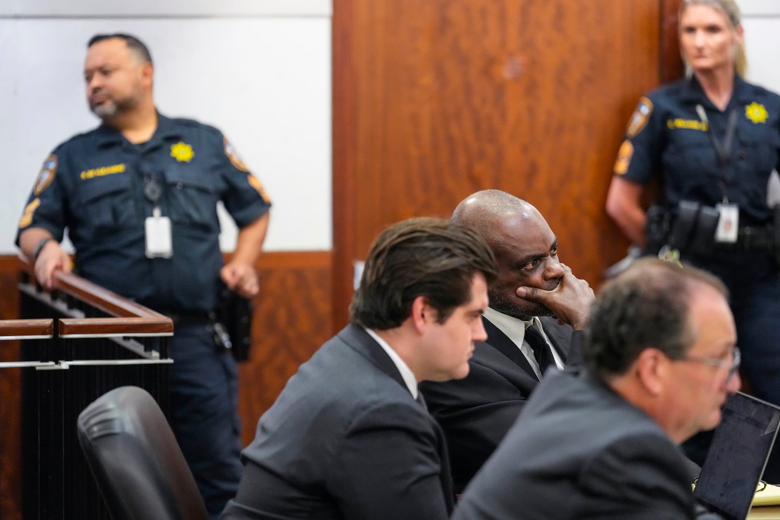 Former Houston Police officer Gerald Gaines listens to closing arguments in the punishment phase of his felony murder trial on Monday, Oct. 7, 2024 in Houston. Goines was found guilty of felony murder in the 2019 deaths of Dennis Tuttle and Rhogena Nicholas. (Brett Coomer/Houston Chronicle via AP)