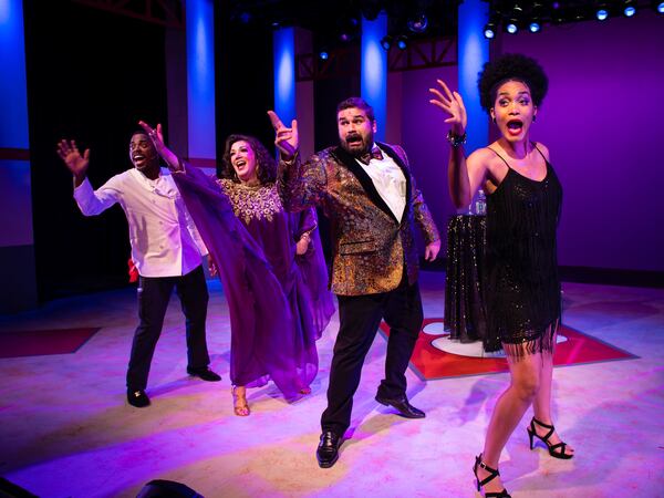 From left, Trent (Chris McKnight), Dee Dee (Wendy Melkonian), Barry (Robert Hindsman) and Angie (Precious West) prepare to trek from Broadway to Indiana. Photo: Isaac Breiding