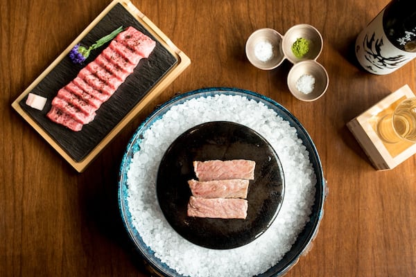 A5 Japanese Wagyu on Stone, served with three types of salt. Photo credit- Mia Yakel.