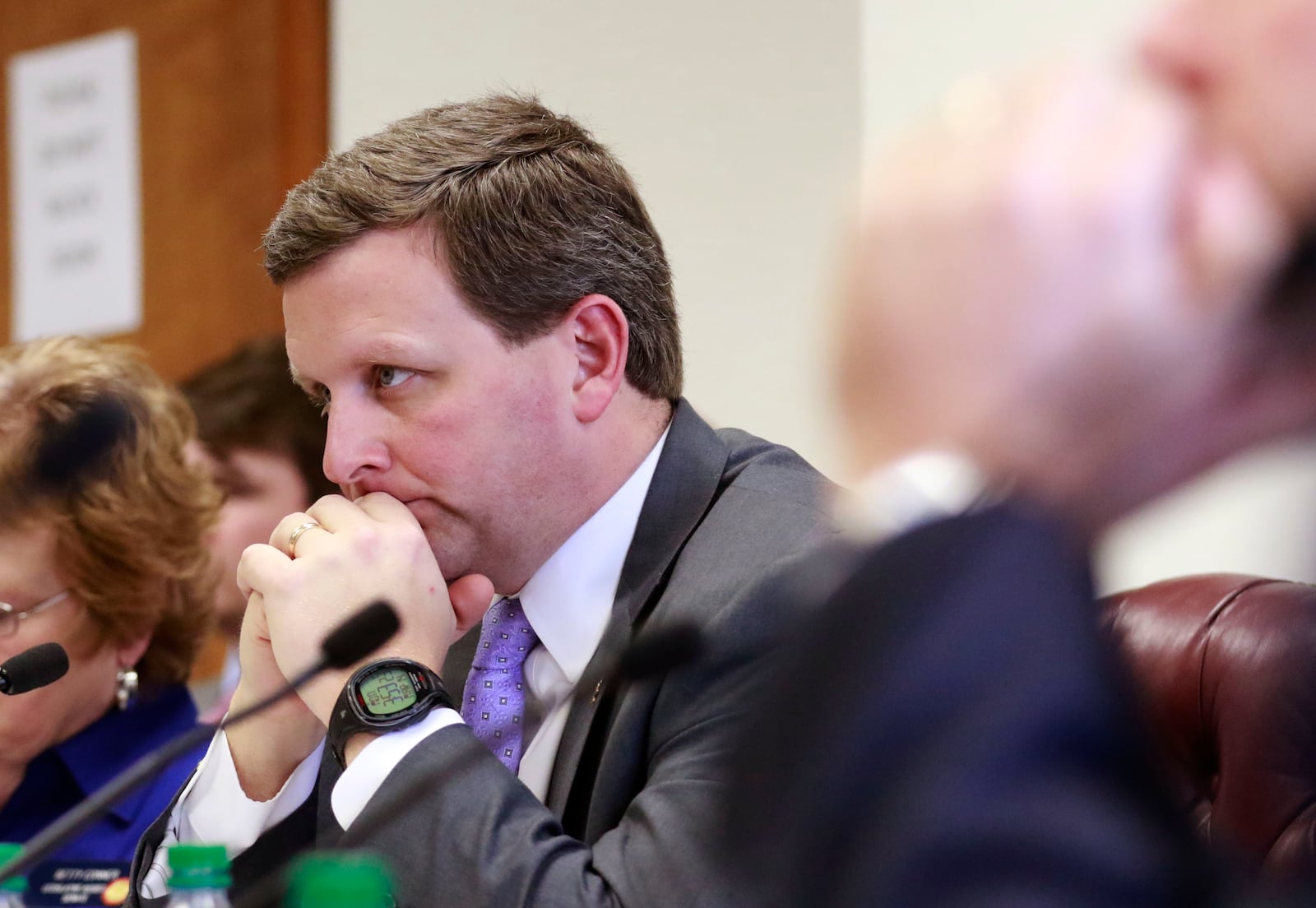 Mar. 14,  2016 -  Atlanta - Committee Chairman Charlie Bethel listens as Rep. Shaw Blackmon,  R - Bonaire, presents HB 838. The Senate Insurance and Labor committee took no action on legislation that was the focus of an Atlanta Journal-Constitution investigation into conflicts of interests at the Capitol. The measure - which would set a minimum compensation for insurance agents when they sell health policies - is the brainchild of House Rules Chairman John Meadows. Health insurance companies have been afraid to speak out against it, but Monday the  committee lead by Senator Charlie Bethel took no action after multiple members of the committee recused themselves.  BOB ANDRES  / BANDRES@AJC.COM