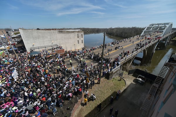 Crowds gathered in 2015 before a symbolic walk across the Edmund Pettus Bridge.