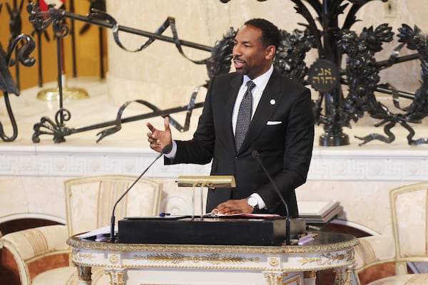 Atlanta Mayor Andre Dickens speaks during former Atlanta Mayor Sam Massell's memorial service at The Temple in Atlanta on Wednesday, March 16. 2022. Miguel Martinez for The Atlanta Journal-Constitution