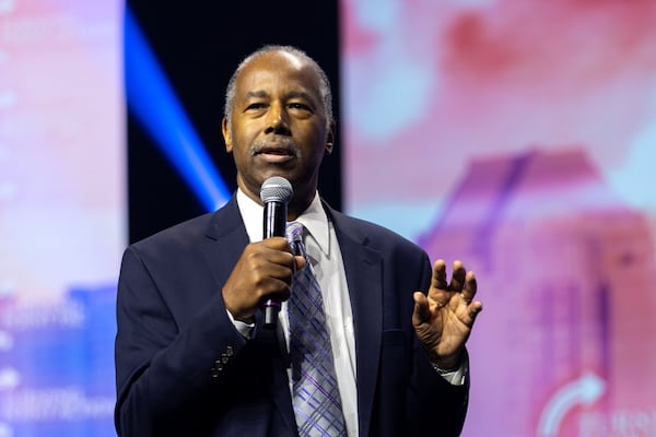 Ben Carson speaks during Republican presidential candidate Donald Trump’s rally at Gas South Arena in Duluth on Wednesday, October 23, 2024. (Arvin Temkar / AJC)