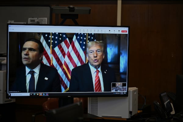 President-elect Donald Trump appears on a video feed for his sentencing for for his hush money conviction in a Manhattan courtroom on Friday, Jan. 10, 2025 in New York. (Curtis Means/Pool Photo via AP)