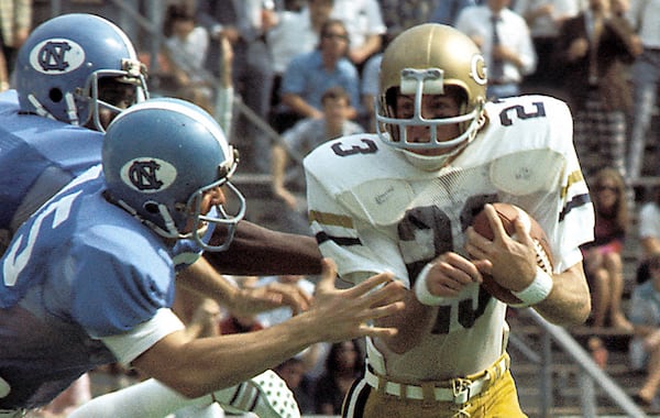 Georgia Tech's Randy Rhino runs with the ball against North Carolina on Oct. 12, 1974. The Jackets won 29-28 on their home field. (Photo courtesy of Georgia Tech Athletic Association)