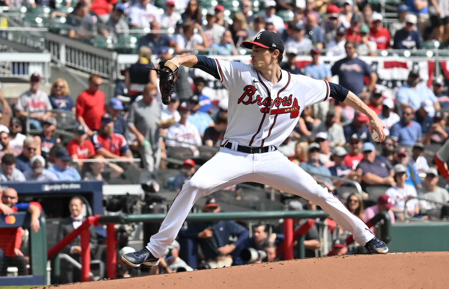 Atlanta Braves starting pitcher Max Fried opens game one of the baseball playoff series between the Braves and the Phillies at Truist Park in Atlanta on Tuesday, October 11, 2022. (Hyosub Shin / Hyosub.Shin@ajc.com)