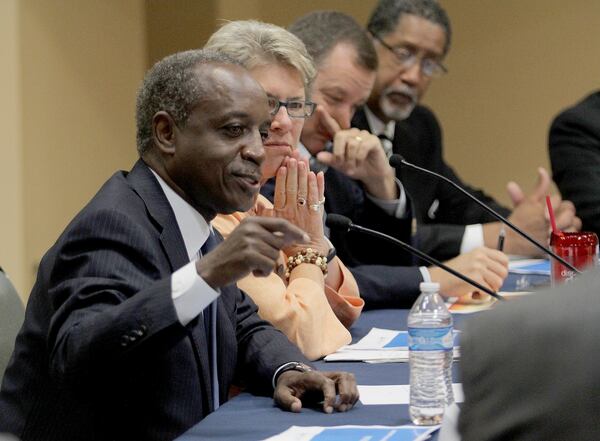 DeKalb County CEO Mike Thurmond leads the discussion with mayors, county commissioners and city officials about DeKalb’s proposed sales tax increase on Aug. 31, 2017, at the Maloof Auditorium in Decatur. From left: Thurmond, DeKalb Commission Presiding Officer Kathie Gannon, Tucker Mayor Frank Auman and Stonecrest Mayor Jason Lary. (Akili-Casundria Ramsess/Special to the AJC)