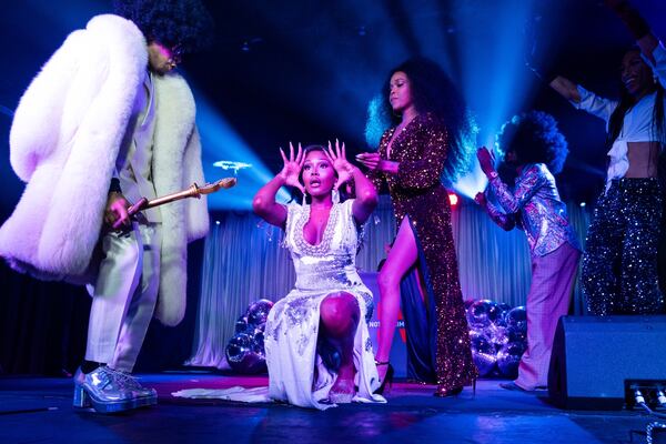 The Haus of Maison Margiela gives a ballroom performance with dancing, singing, vogueing, and posing during "Stuck in the '80s Night" at The Loft in Atlanta, Georgia on February 28, 2024.