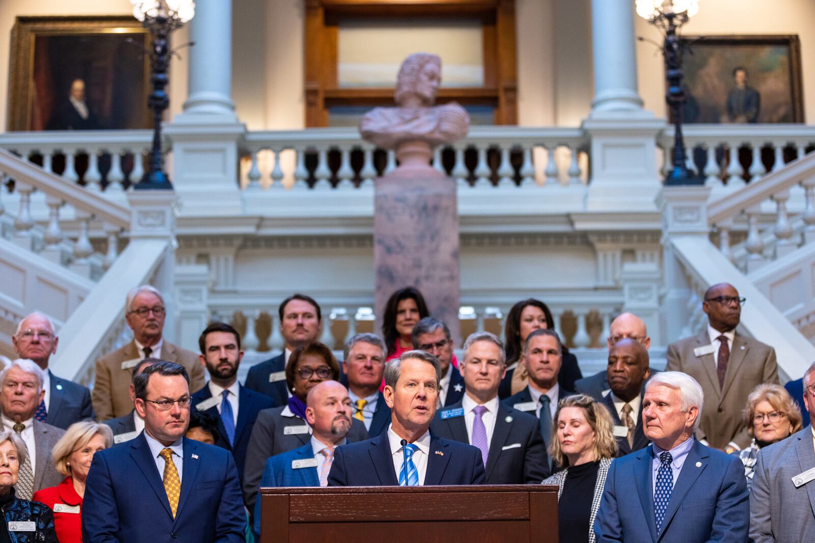 Gov. Brian Kemp speaks about the midyear budget after it won passage earlier this month. The House and Senate have yet to approve a budget for fiscal 2024, which begins July 1. It's the one thing the General Assembly is required to pass each year. (Arvin Temkar / arvin.temkar@ajc.com)