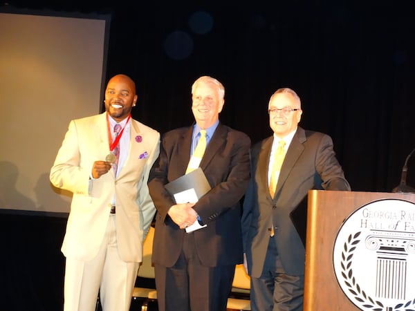 Ryan Cameron, Scott Woodside and Rick Mack were among the eight inductees to the Georgia Radio Hall of Fame at the Hilton in Marietta Saturday night, October 25, 2014. CREDIT: Rodney Ho/rho@ajc.com