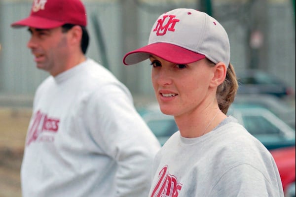 FILE - Massachusetts assistant baseball coach Julie Croteau watches the team during practice in Amherst, Mass., Feb. 28, 1995. (AP Photo/David Bruneau, File)