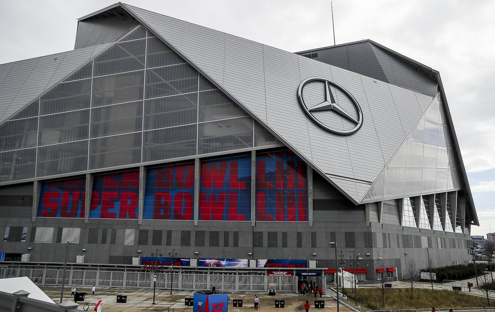 A look outside Mercedes-Benz Stadium hours before Super Bowl 53 on Feb. 3, 2019. The Super Bowl will return to Atlanta in 2028 after the NFL made the announcement while in town for its owners meeting. AJC File