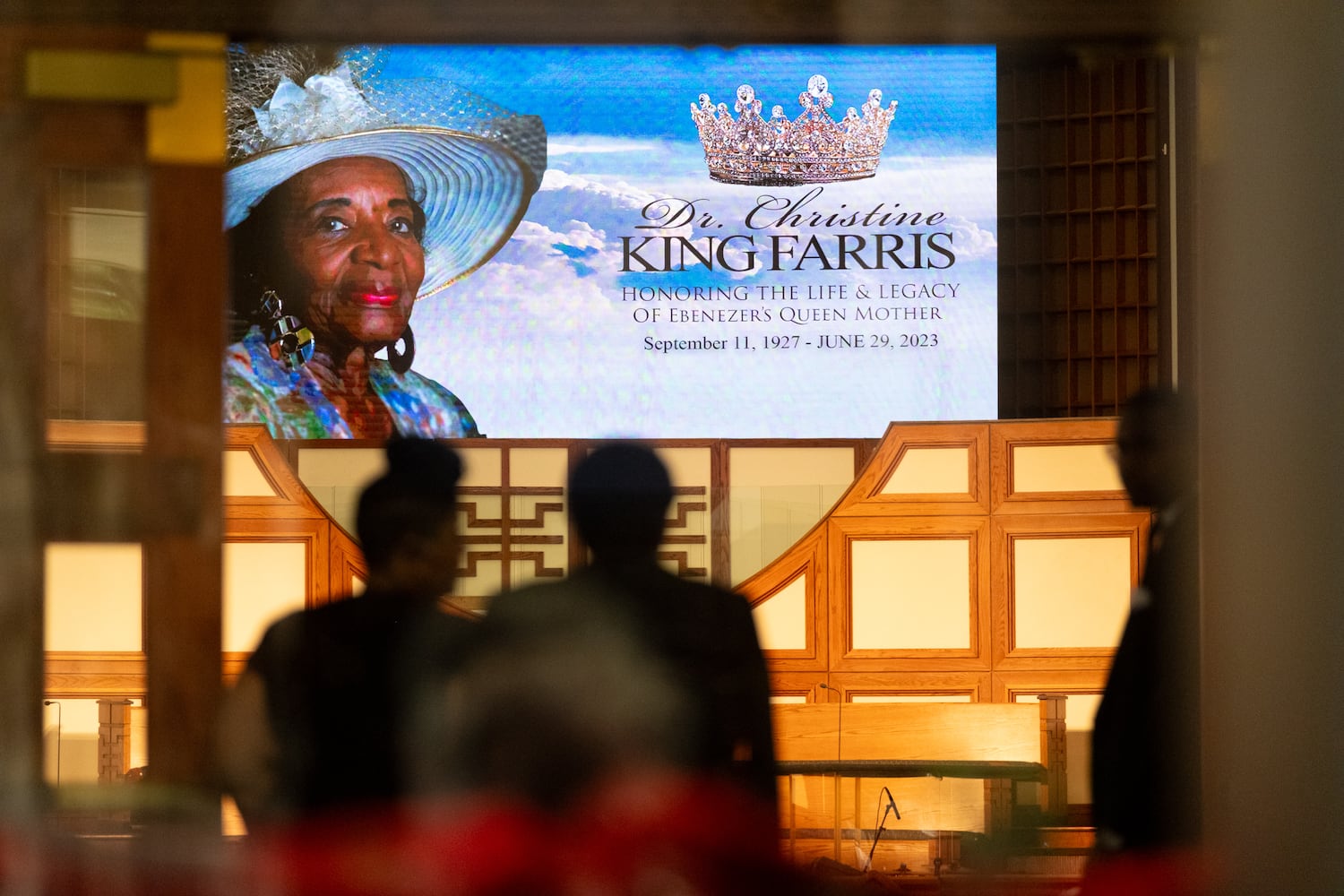 Workers prepare for Christine King Farris’ funeral at Ebenezer Baptist Church in Atlanta on Sunday, July 16, 2023 before the start of her funeral.  (Ben Gray / Ben@BenGray.com)