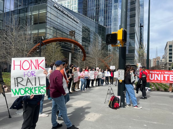 A few dozen protesters rallied in front of Norfolk Southern's headquarters on Saturday, March 11, 2023.