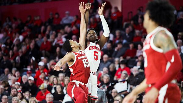 Georgia basketball player Anthony Edwards (5) shoots against Arkansas at Stegeman Coliseum in Athens, Ga., on Saturday, Feb. 29, 2020. (Photo by Chamberlain Smith/UGA Athletics)