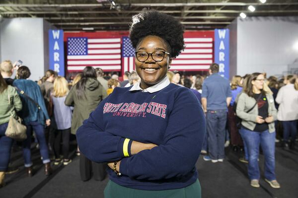 South Carolina State University sophomore Javanni Ayers, 19, stands for a portrait before the start of an Elizabeth Warren campaign stop at Clark Atlanta University in Atlanta, Thursday, November 21, 2019. 