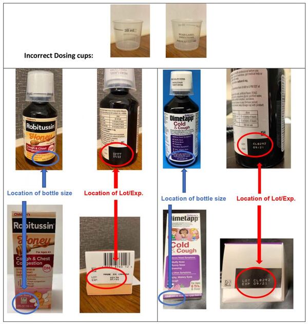 GSK Consumer Healthcare has recalled the children’s cough medicines in this image because of incorrectly labeled dosage cups seen in the photo.