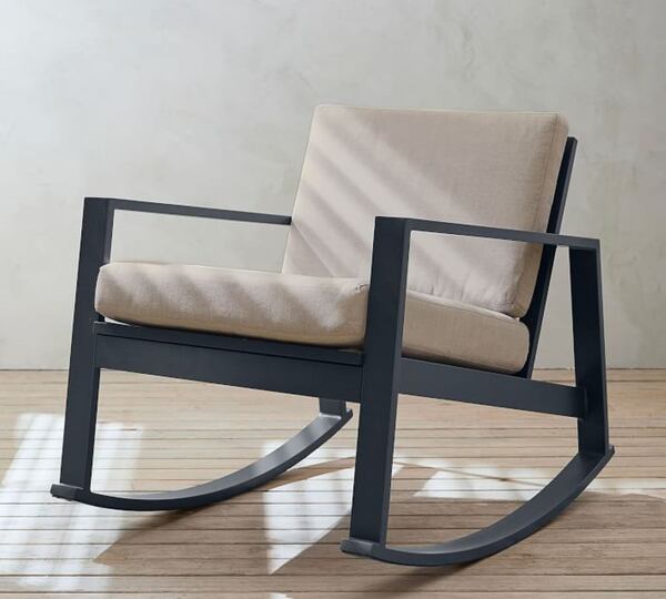 Pottery Barn Indio Collection metal rocking chair frame in a slate finish, $999. Cushions are sold separately, with more than 30 fabric selections available. Courtesy of Pottery Barn