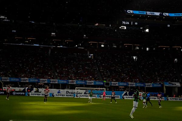 Brentford takes on Brighton during a Premier League Summer Series soccer match Wednesday, July 26, 2023, in Atlanta. (AP Photo/Brynn Anderson)