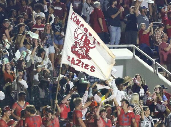 Lowndes High students celebrate during the Vikings' 30-20 win over archrival Valdosta High Nov. 1, 2024 at Lowndes' Martin Stadium. (Photo by Andy Harrison)