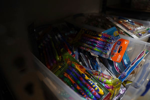 Toothbrushes are one of the many items available to immigrants and others in need at the Lutheran Social Services National Capital Area Resource Center in Alexandria, Va., Thursday, March 6, 2025. (AP Photo/Jessie Wardarski)