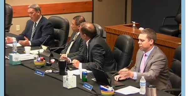 Johns Creek City Council members address rumormongering at the council meeting on Monday, Sept. 24, 2018. From left, Lenny Zaprowski, Jay Lin, John Bradberry and Chris Coughlin.