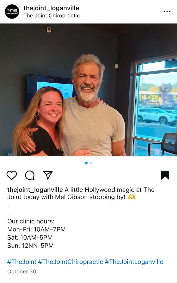 Mel Gibson posting with an employee at The Joint chiropractic office in Loganville Oct. 30, 2024.