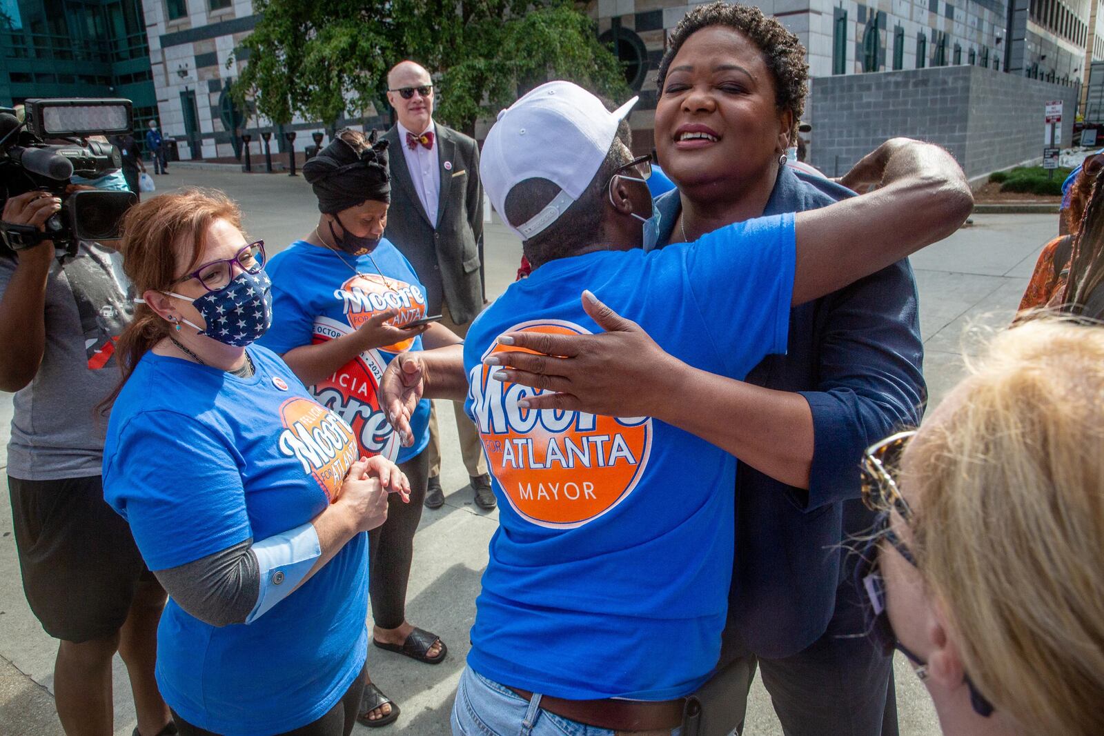  City Council President and mayoral candidate Felicia Moore talks with supporters after a press conference in Atlanta Friday, October 1, 2021.  STEVE SCHAEFER FOR THE ATLANTA JOURNAL-CONSTITUTION