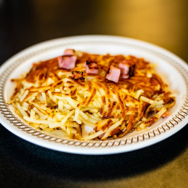 Chunked hash browns from Waffle House with hickory smoked ham.