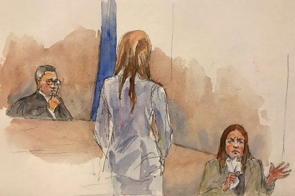 In this courtroom sketch, Manhattan Supreme Court Judge James Burke listens to testimony from witness Mimi Haleyi, right, while assistant Assistant District Attorney Megan Hast, standing, also listens in Harvey Weinstein's sexual misconduct and rape trial.