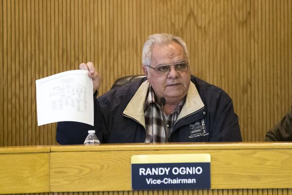 Fayette County vice chairman Randy Ognio debates with his colleagues about access to personnel records during a special called open meeting at the Fayette County administrative complex, Wednesday, Jan. 31, 2018. The special meeting was called to question Commissioner Steve Brown’s access to the personnel file of the county 911 director. ALYSSA POINTER / ALYSSA.POINTER@AJC.COM