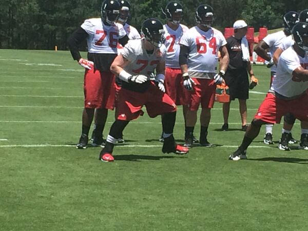 Falcons right tackle Ryan Schraeder ready to strike at minicamp on Tuesday, June 16, 2015. (D. Orlando Ledbetter/AJC)